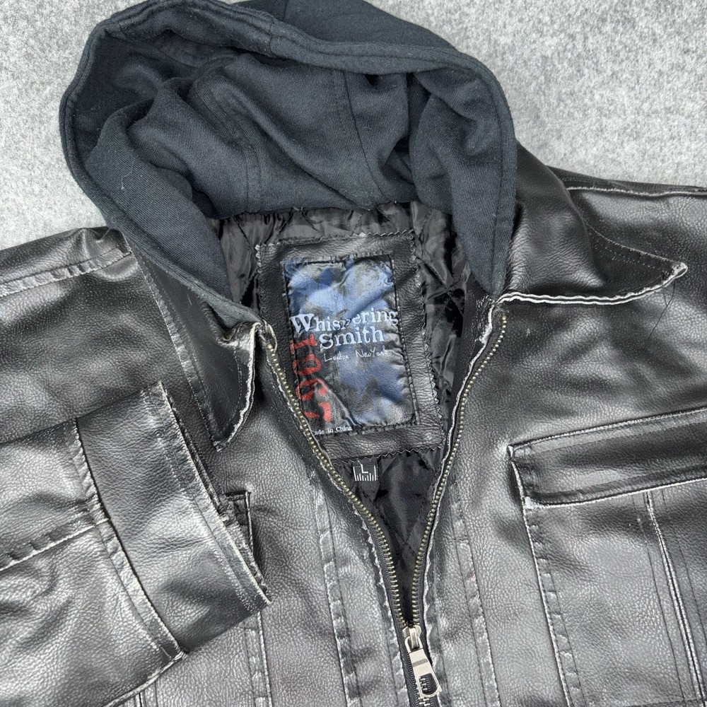 Whispering Smith Jacket Mens Large Faux Leather Hooded Motorcycle Moto Black EUC